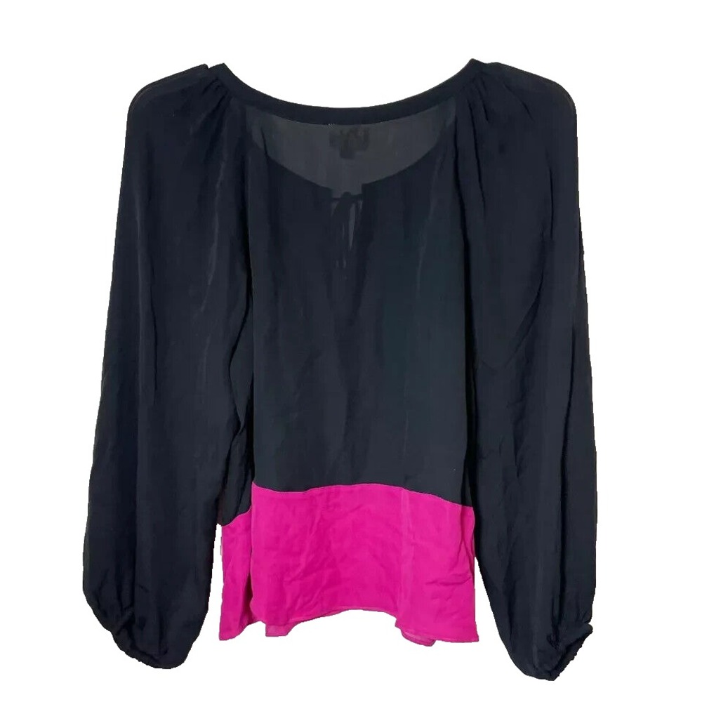 Parker Long Sleeve Silk Blouse‎ Womens XS Black Pink Keyhole Neck Balloon Sleeve